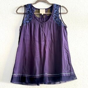 Saivana Anthropologie Sleeveless 100% Beaded Embroidered Tank Top Navy Size L‎